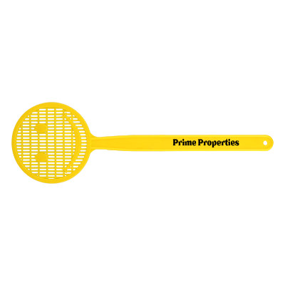 Yellow polyethylene fly swatter with a customized logo.