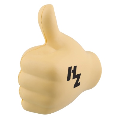 Beige foam stress ball with a branded logo.