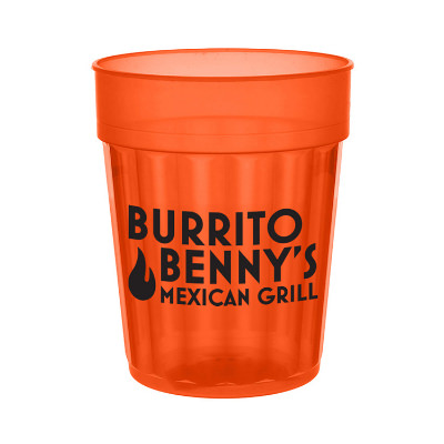 Plastic orange stadium cup with custom logo in 22 oz.