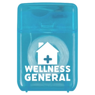 Translucent blue dental floss with a custom imprint.