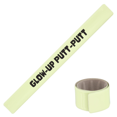 Glow vinyl wristband with a branded imprint.