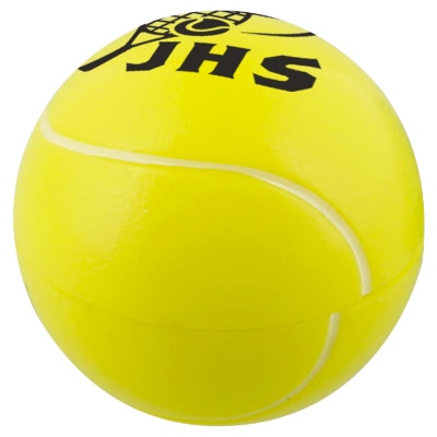 Yellow plastic tennis ball lip balm with a personalized logo.