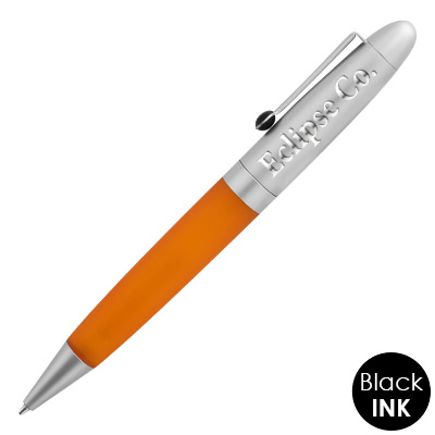 Twist action pen with colored barrel and custom logo.