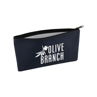 Blue nylon pouch with a personalized logo.