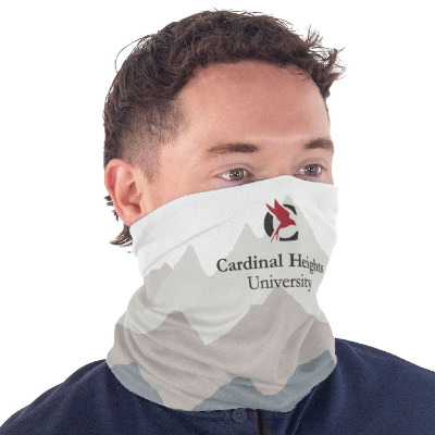 White polyester neck gaiter with a custom logo.