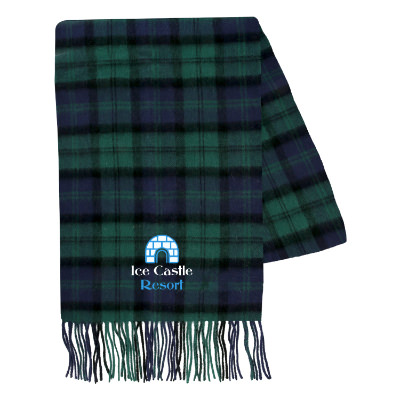 Green plaid cashmere scarf with custom full-color imprint.
