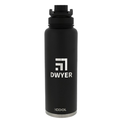 Stainless steel black water bottle with custom engraved logo.