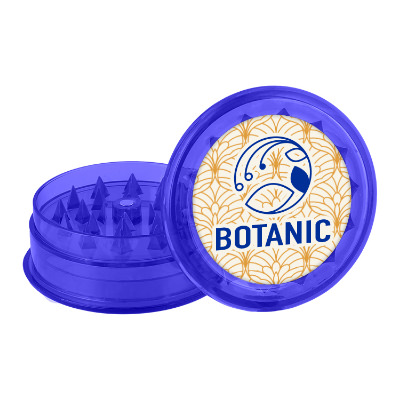 Blue plastic grinder with custom full color logo.
