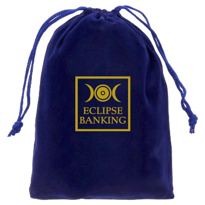 Blue velour bag with a custom logo.