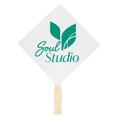 White paper hand fan with a personalized imprint