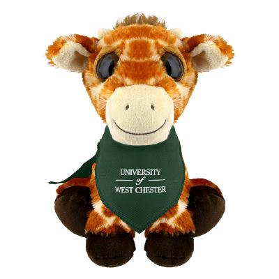 Plush and cotton giraffe with a green bandana with a custom imprint.