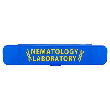 Plastic blue pill box with a personalized logo.