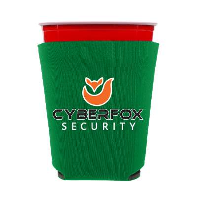 Foam plastic cup cooler with full-color custom logo.
