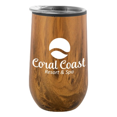Wood tone wine glass with custom logo.