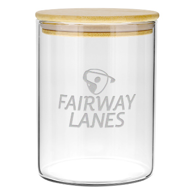 Clear glass jar with a custom logo.