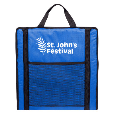 Blue polyester seat cushion with a custom logo.