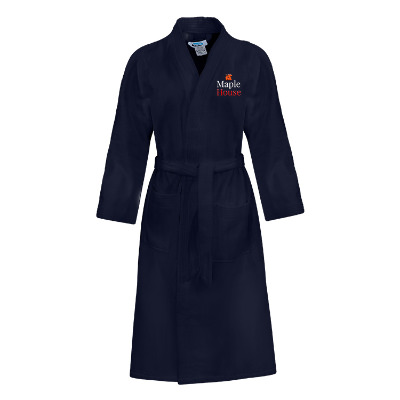 Black cotton robe with custom embroidered imprint.