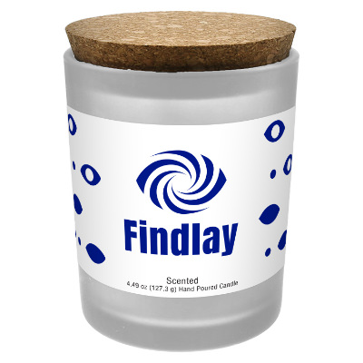 Clear frosted glass candle with a branded logo.