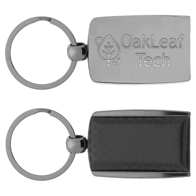 Silver carbon fiber keychain with laser engraved custom imprint.