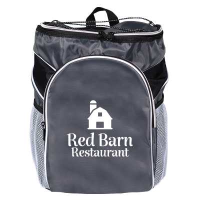 Gray backpack cooler with custom logo.