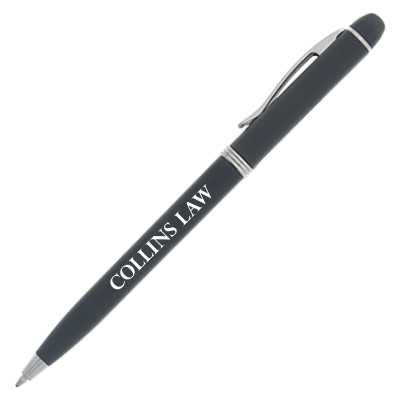 Plastic silver paris pen with branded imprint.