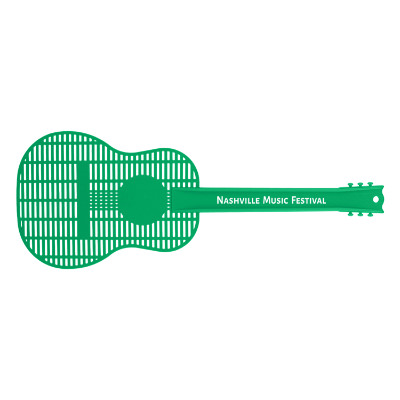 Green plastic fly swatter with a custom logo.