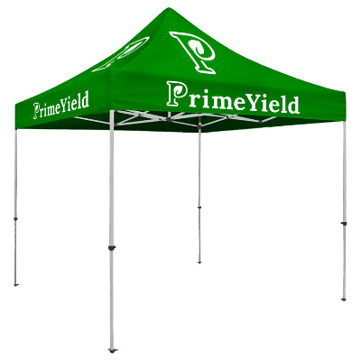 Green 10-ft. tent with custom imprint.