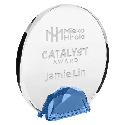 Crystal award with custom laser engraved imprint.