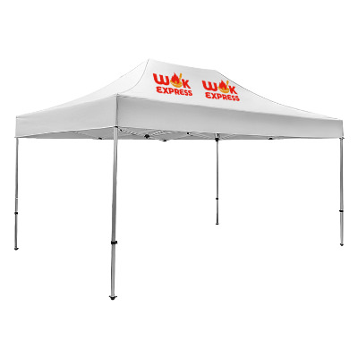 White 15-ft. tent with custom imprint in 2 locations.