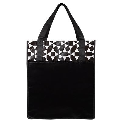 Laminated polypropylene black geometric tote blank.