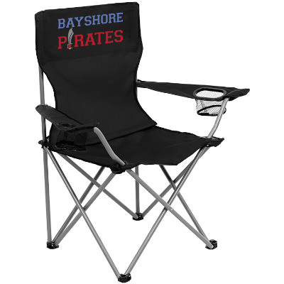 Black polyester folding chair with a custom imprint.