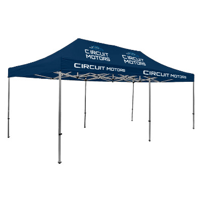 Navy 20-ft. tent with custom imprint in 4 locations.