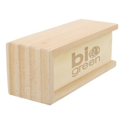 Laser engraved imprint on box containing three wooden puzzles.