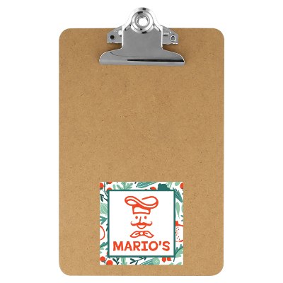 Wooden clipboard with a custom logo.