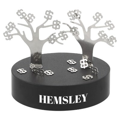 Black metal magnetic tree with mini magnetic money signs with custom imprint.