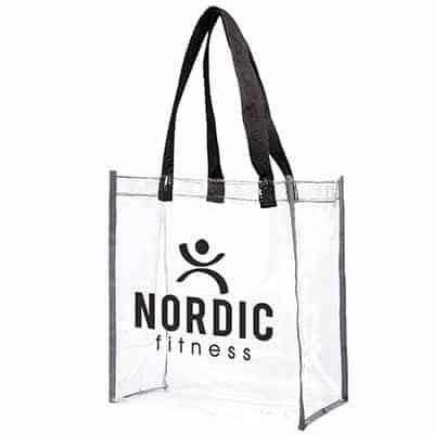 Plastic clear reflective tote with personalized imprint.