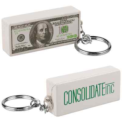 Dollar bill stress ball keychain with a custom imprint.
