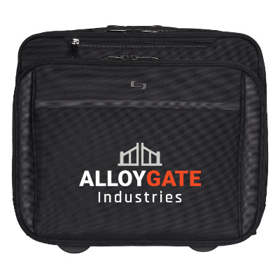 Black overnighter case with custom full color logo.