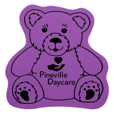 Purple teddy bear vinyl jar opener with custom printed logo.