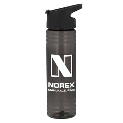 Plastic gray water bottle with pop up sip lid and imprint in 24 ounces.