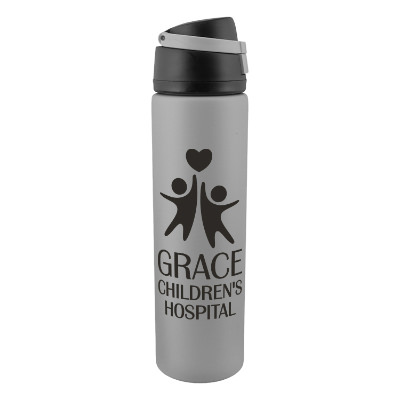 Gray stainless steel bottle with a personalized logo.