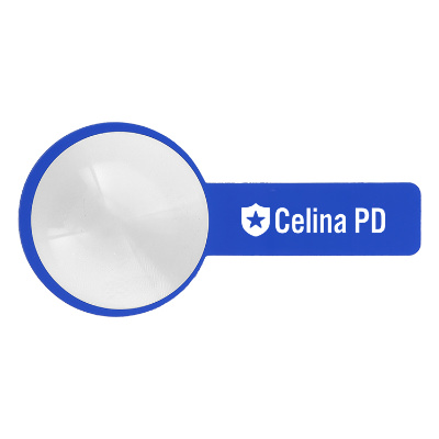 Blue plastic magnifier with a custom logo.