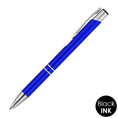 Blank blue metal pen with chrome accents.