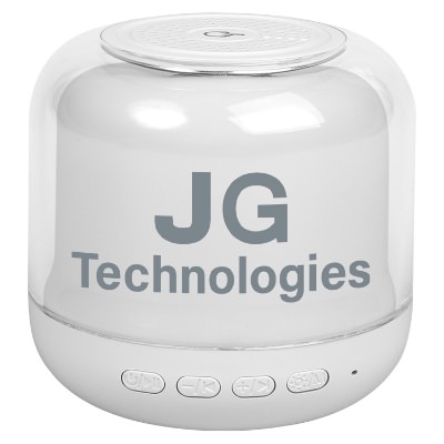 White plastic speaker with a custom imprint.