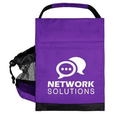 Purple nylon identification lunch bag with custom design.