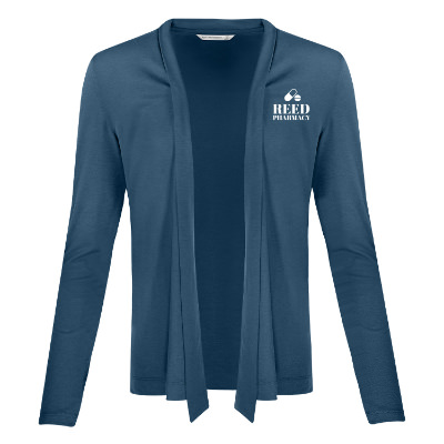 Custom blue cardigan with logo.