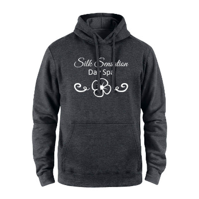 Personalized dark heather grey fleece hooded sweatshirt with logo.