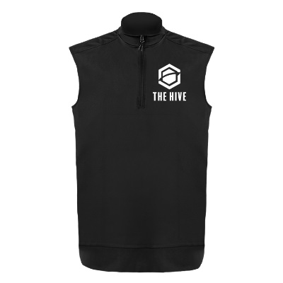 Black quarter-zip vest with custom logo.