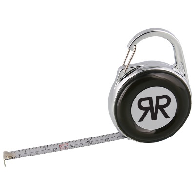 Metal and plastic black mini tape measure carabiner with custom imprint.