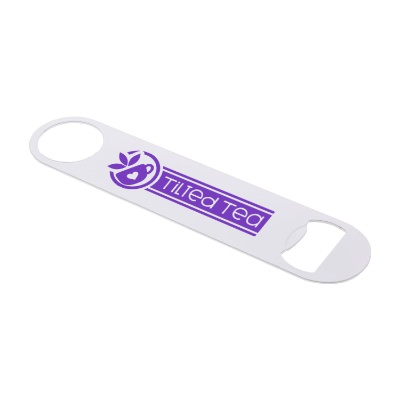 Black stainless steel bartender bottle opener with custom imprint.
